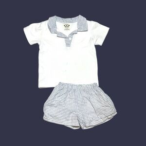 The Oaks Apparel Co. blue & white windowpane knit polo top short set 12mo